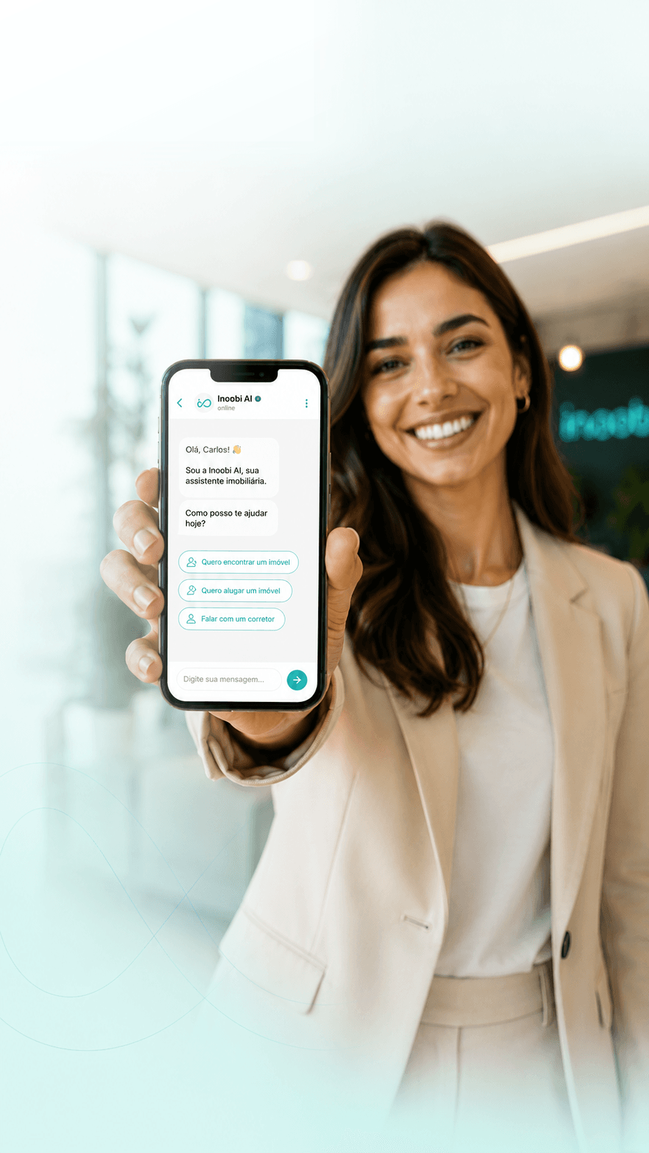 Assistente innobi exibindo atendimento de IA no WhatsApp para imobiliárias